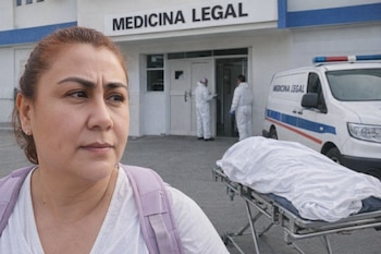 Yulixa Toloza, con una mochila lila, mira a un lado frente al edificio de Medicina Legal; se ve una ambulancia, personal y un cuerpo en una camilla