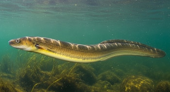 Una anguila europea con cuerpo alargado y tonos marrón-amarillentos, nada horizontalmente en agua clara sobre un fondo con vegetación acuática.