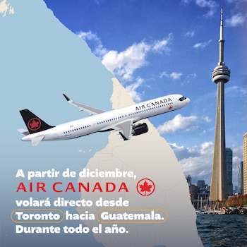 Mapa de Centroamérica y Canadá con avión Airbus A321neo de Air Canada, Torre CN de Toronto y el texto sobre la ruta Toronto-Guatemala