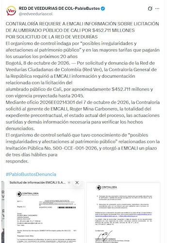 El anuncio se conoció la mañana del jueves 8 de octubre de 2026 - crédito @redveeduriascol/X