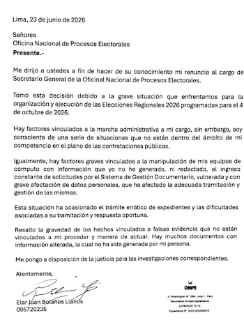 Documento de carta de renuncia con texto impreso, firma manuscrita de Elar Juan Bolaños Llanos y logotipo de ONPE. Fecha: 23 de junio de 2026