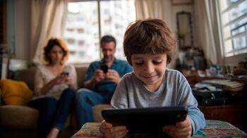 Padres y niño interactuando con una tablet en el sofá