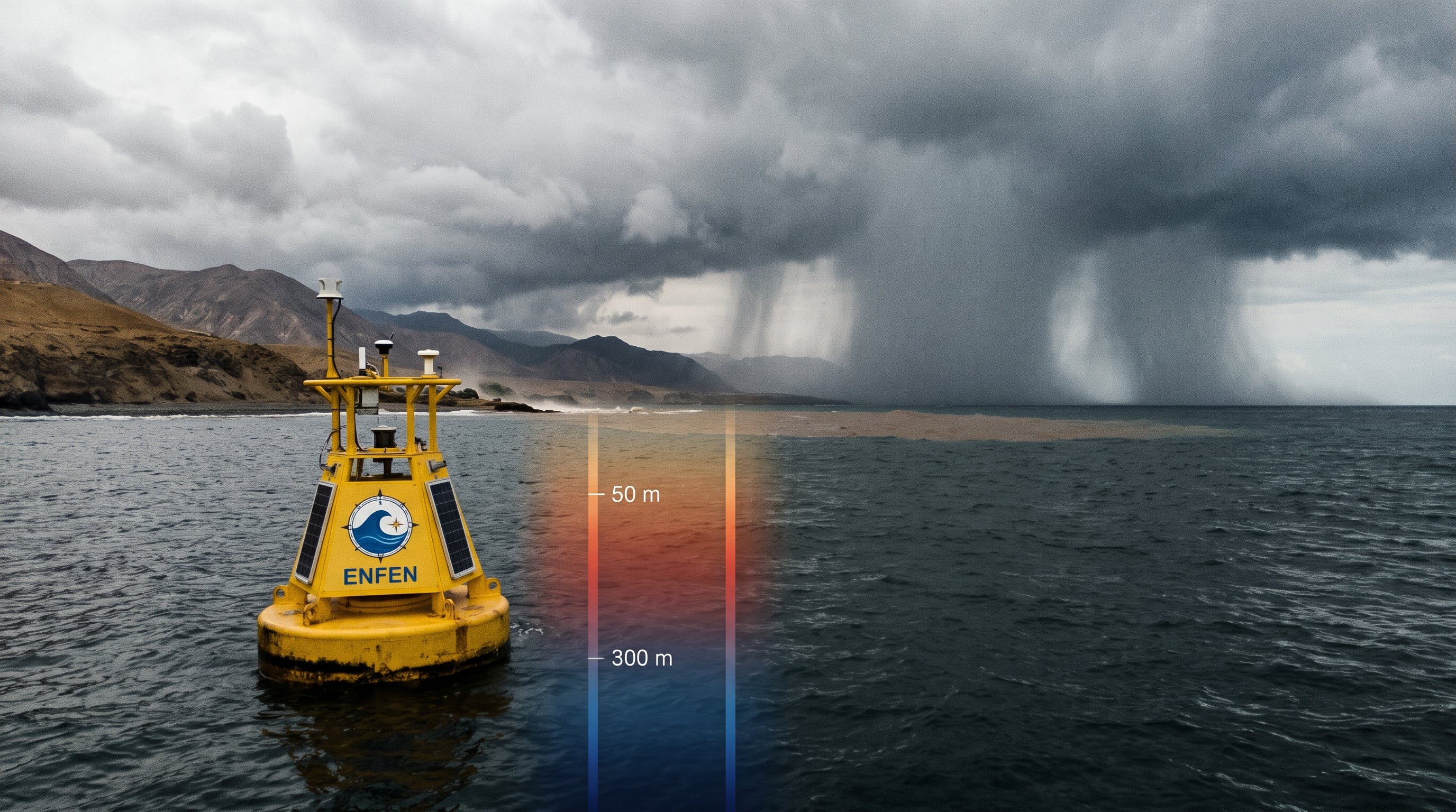 Una boya oceanográfica del ENFEN registra variaciones térmicas submarinas frente al litoral peruano mientras una tormenta descarga precipitaciones sobre la costa. (Imagen Ilustrativa Infobae)
