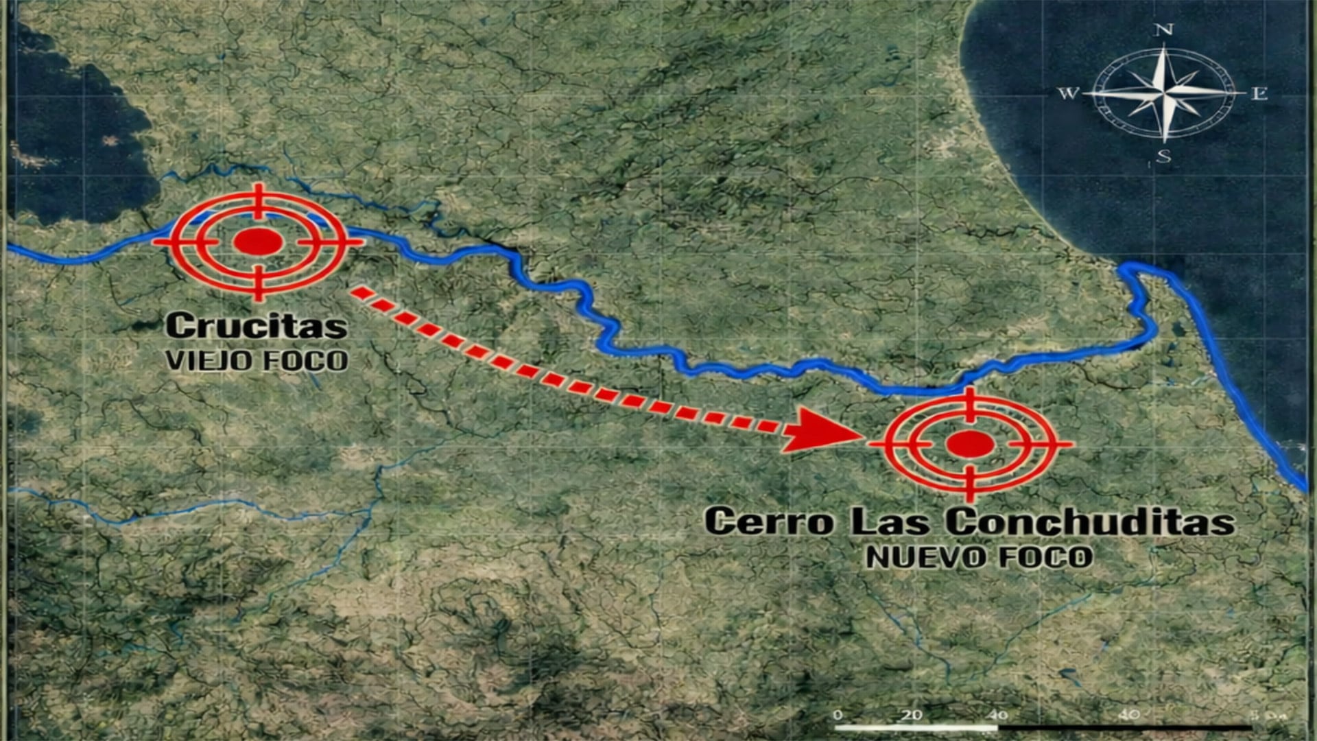 La imagen del Ministerio de Seguridad de Costa Rica, muestra como se ha extendido la actividad minera ilegal desde Crucitas a Cerro Las Conchuditas