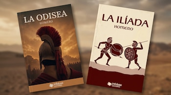 Dos libros: La Odisea y La Ilíada de Homero, con cubiertas que muestran un guerrero espartano de espaldas y dos guerreros griegos luchando.