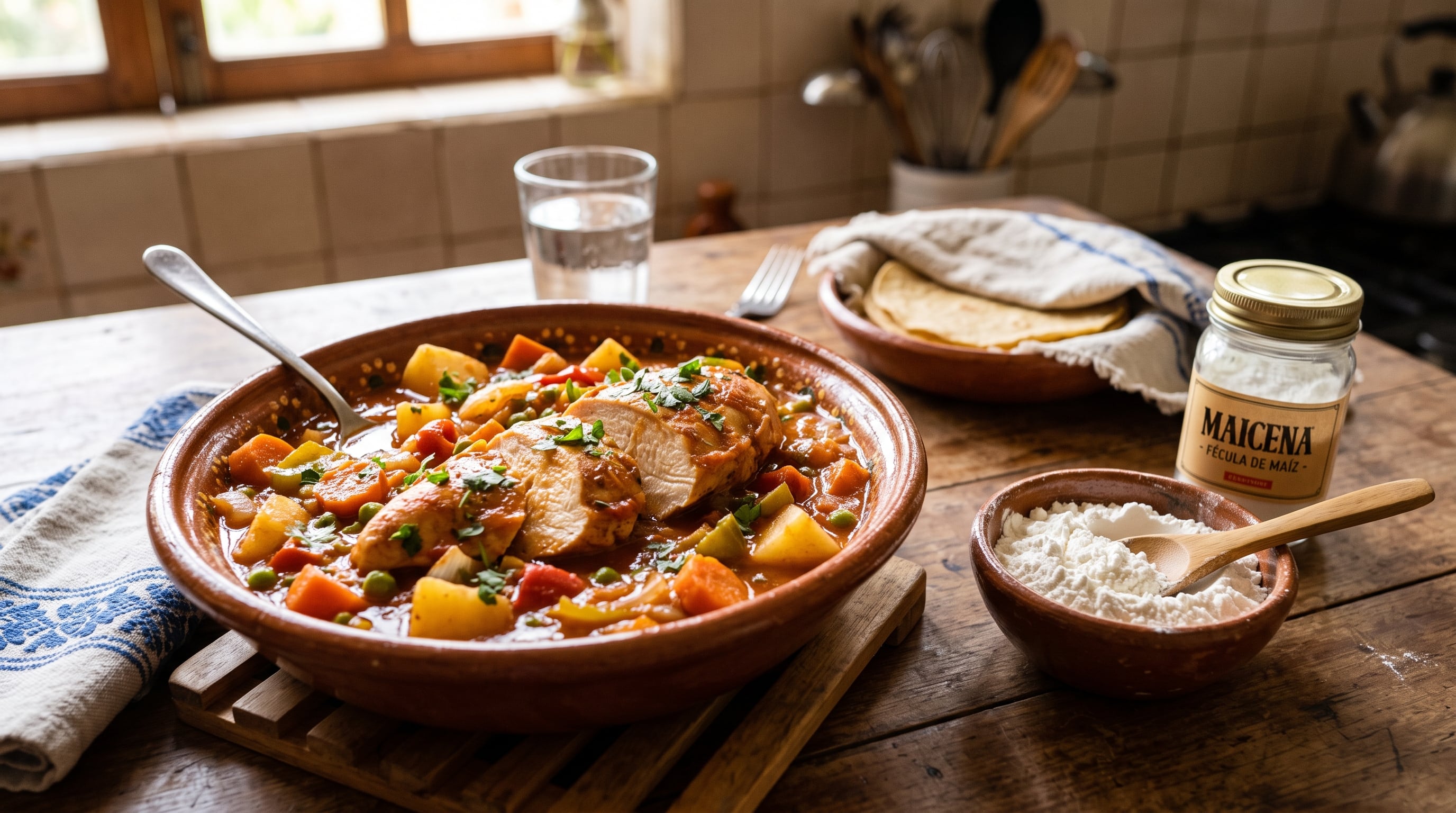 Una cazuela con guisado de pechuga de pollo y verduras reposa junto a un recipiente con fécula de maíz sobre una mesa de madera. (Imagen Ilustrativa Infobae)