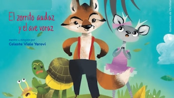 Ilustración de un zorro, una cierva, una tortuga y un caracol sobre fondo azul. El texto dice "El zorrito audaz y el ave voraz" y "Celeste Viale Yerovi"