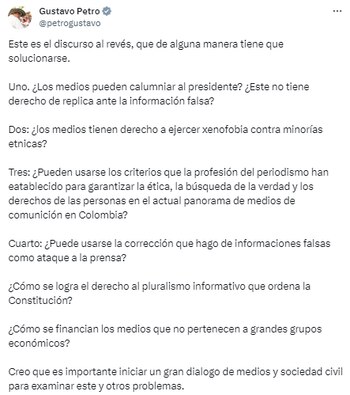 El presidente Petro cuestiona a los medios.
