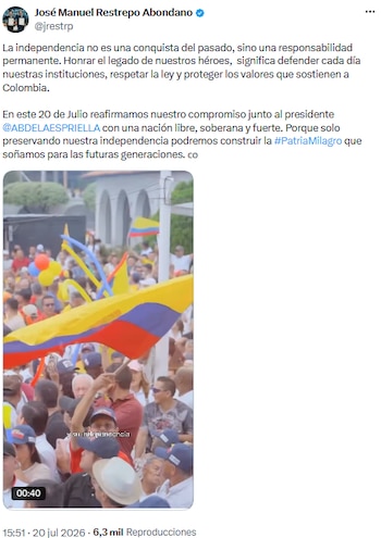 José Manuel Restrepo instó a preservar la independencia y los valores en el 20 de julio - crédito @jrestrp/X