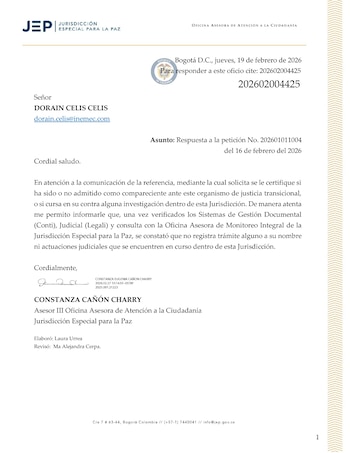 La JEP revisa su base de datos y no encuentra evidencias de nexos de Inemec S.A.S. ni Dorain Celis con grupos armados ilegales - crédito JEP