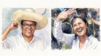 Pintura en acuarela dividida. Izquierda: Roberto Sánchez, sonriendo, sombrero, puño en alto. Derecha: Keiko Fujimori, sonriendo, saludando, con personas de fondo.