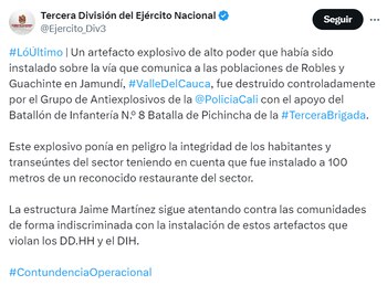 Las autoridades responsabilizaron a las disidencias de las Farc del frustrado atentado - crédito @Ejercito_Div3/X