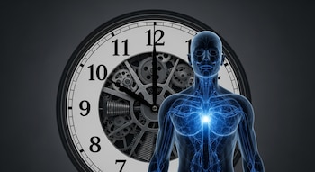 Un reloj analógico grande con engranajes expuestos y una silueta azul translúcida de un cuerpo humano con un punto de luz en el pecho sobre fondo oscuro.