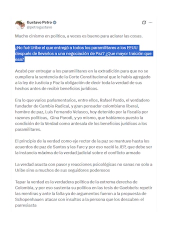 Gustavo Petro respondió a señalamientos de Álvaro Uribe