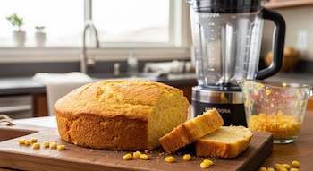 Un pan de elote cortado en rebanadas sobre una tabla de madera, granos de maíz dispersos, una licuadora y una jarra medidora con maíz en una cocina.
