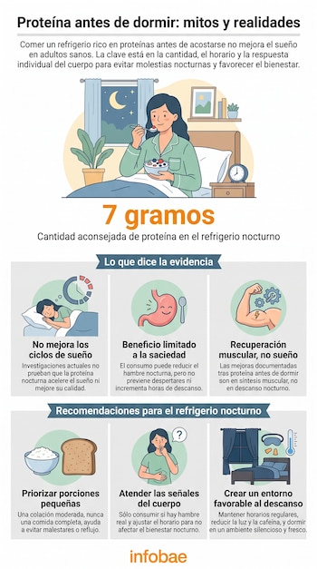 Infografía con mujer comiendo en la cama de noche, texto sobre proteína antes de dormir, número 7 gramos, íconos de estómago, brazo, persona durmiendo, y alimentos.