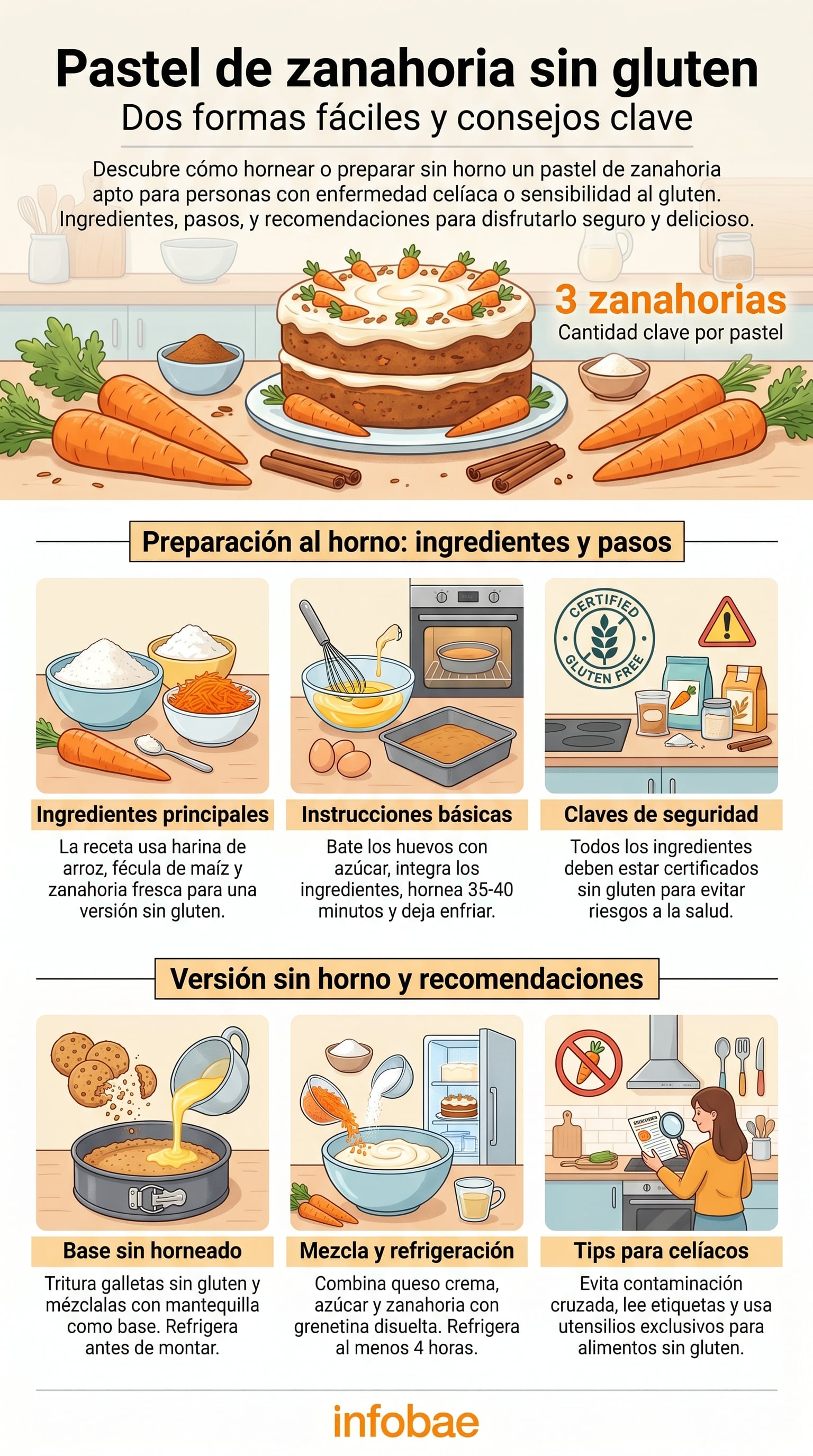 Una infografía detalla dos métodos de preparación para un pastel de zanahoria sin gluten, incluyendo una versión horneada y otra sin horno, junto con consejos cruciales para personas con enfermedad celíaca o sensibilidad al gluten. (Imagen Ilustrativa Infobae)