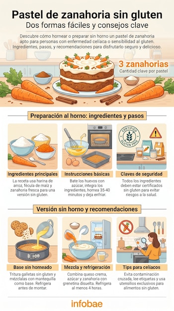 Infografía detallada sobre cómo preparar pastel de zanahoria sin gluten, con métodos horneado y sin horno, ingredientes, utensilios y consejos para celíacos, incluyendo un logo 'Certified Gluten Free'.