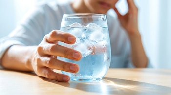 Una mano sostiene un vaso transparente con agua, hielo y condensación sobre una mesa de madera.