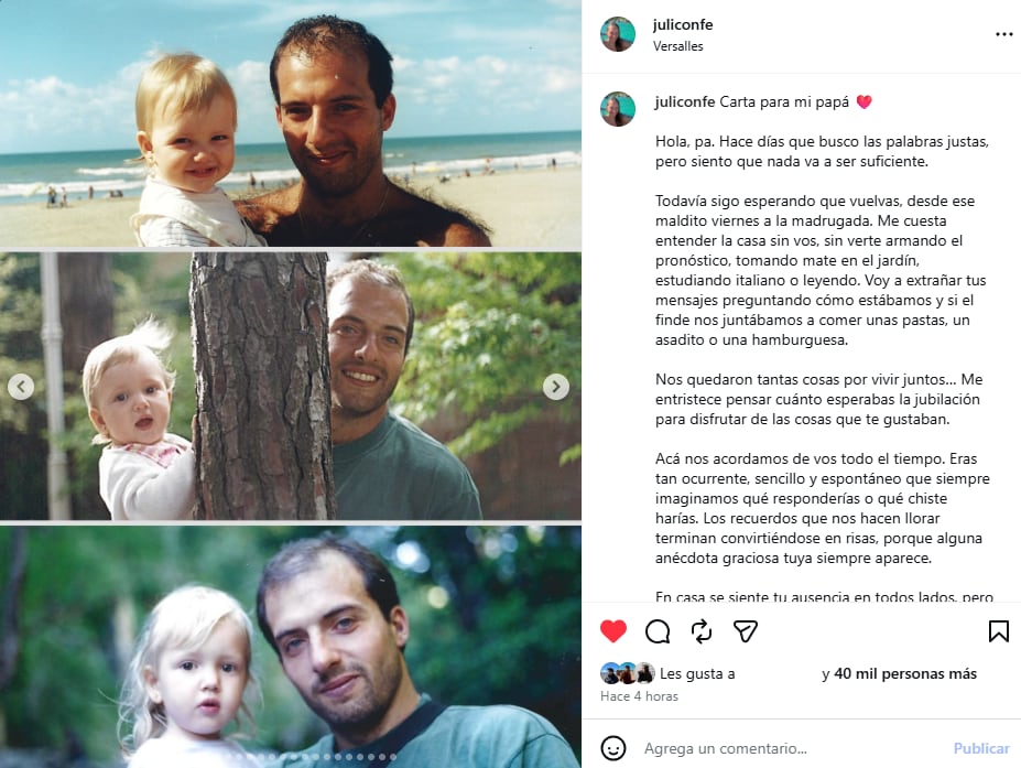 Julieta Confessore publicó una carta y fotos familiares para despedir a su padre