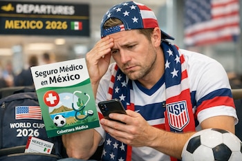Un hombre con gorra y bufanda de Estados Unidos mira su teléfono y un folleto "Seguro Médico en México". Atrás, una mochila "World Cup 2026".