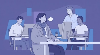 Ilustración plana de una mujer con abrigo y bufanda, exhalando vapor, sentada en un escritorio en una oficina con tres hombres con ropa ligera. Fondo azul y violeta.