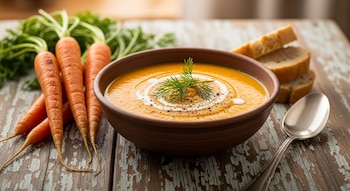 Tazón de sopa de zanahoria con crema y eneldo, rodeado de zanahorias frescas, pan rebanado y una cuchara de plata sobre una mesa de madera rústica.