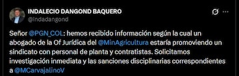 Indalecio Dangond pidió una investigación inmediata y sanciones disciplinarias contra Martha Carvajalino, ministra de Agricultura - crédito @indadangond/X