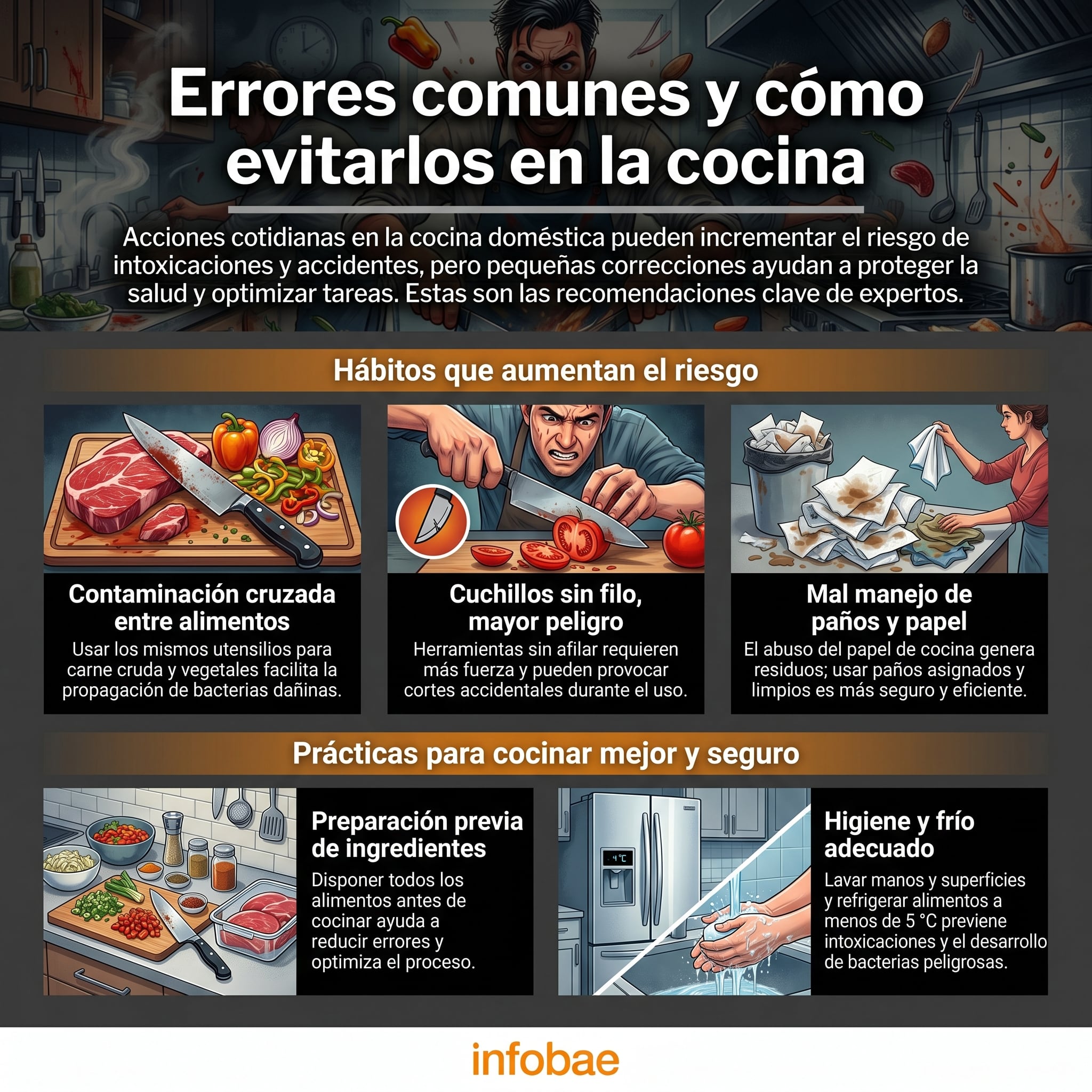 Esta infografía detalla errores comunes en la cocina doméstica que comprometen la seguridad alimentaria y ofrece prácticas clave para prevenirlos, mejorando la salud y la eficiencia culinaria. (Imagen Ilustrativa Infobae)