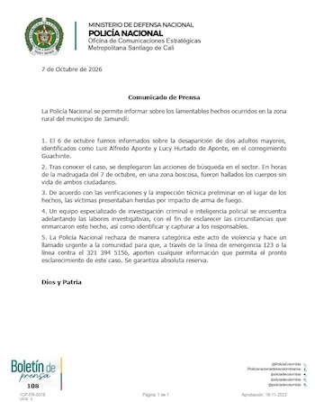 En su comunicado oficial la Policía Metropoitana de Cali confirmó que los cuerpos presentaron heridas con arma de fuego - crédito Mecal