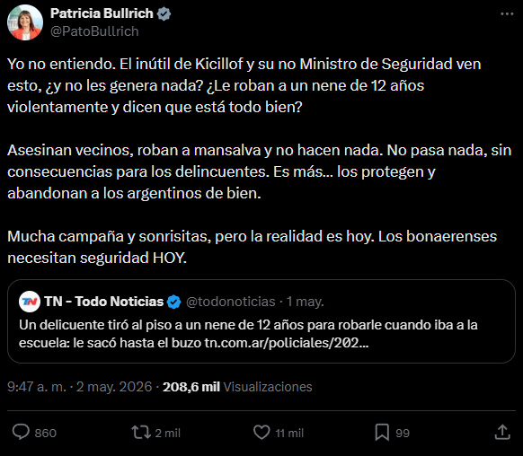 La senadora de LLA criticó a través de X al gobierno de Kicillof por su política de seguridad