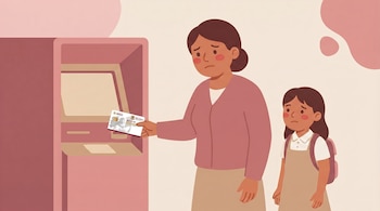Ilustración de una madre mexicana y su hija frente a un cajero rosa. La madre sujeta una tarjeta con el logo "Beca Universal Rita Cetina" y ambas muestran inquietud. La niña lleva uniforme escolar.