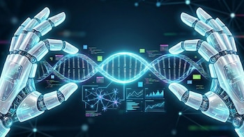 Ilustración conceptual de manos robóticas translúcidas sosteniendo una hélice de ARN de código; se ven hologramas de neuronas y logos de ERA, DeepMind y Google