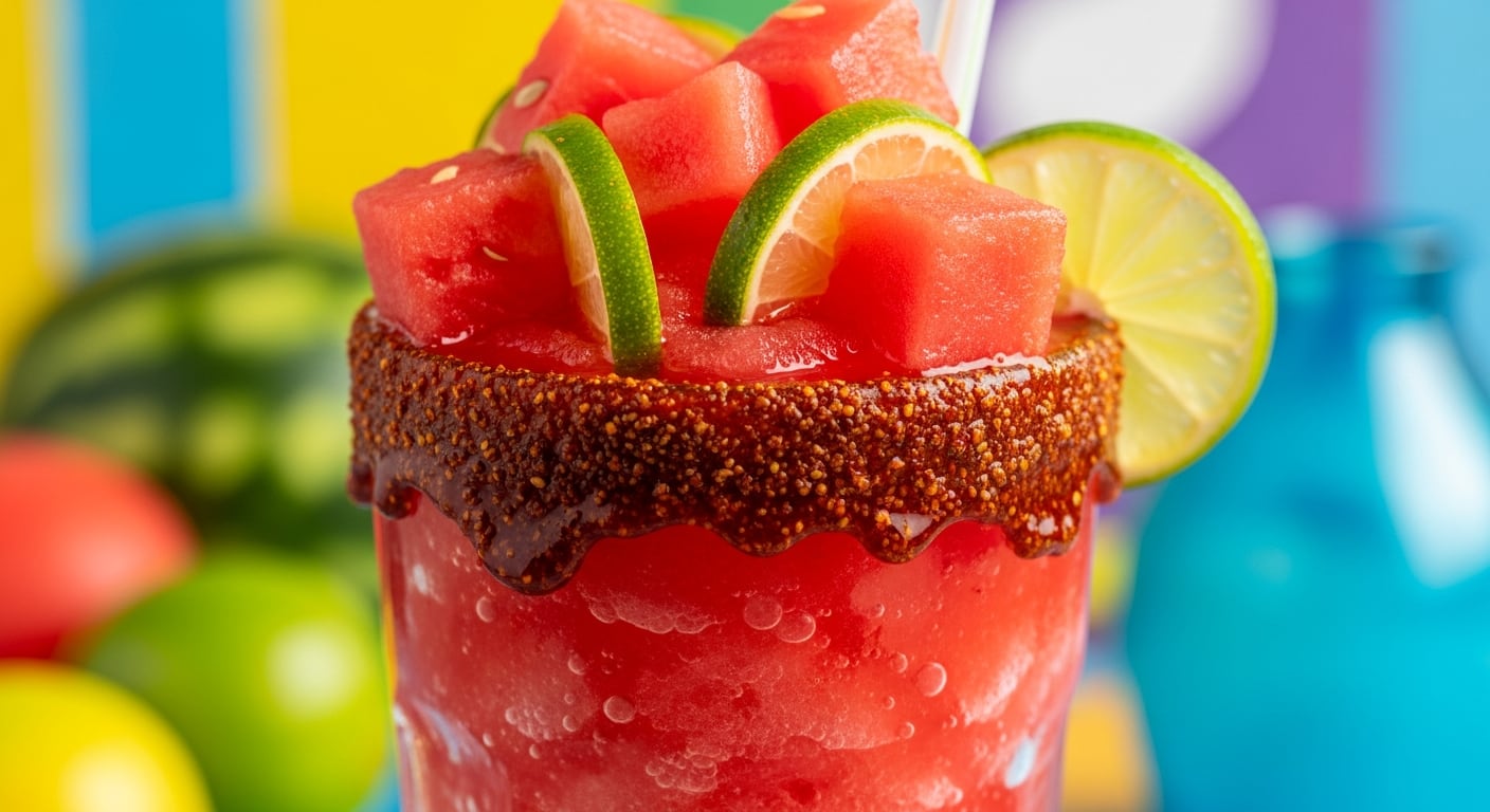 Un vaso alto de chamoyada de sandía granizada, decorado con chamoy líquido, chile en polvo, trozos de sandía fresca y rodajas de limón, se exhibe sobre un fondo veraniego y colorido. (Imagen Ilustrativa Infobae)