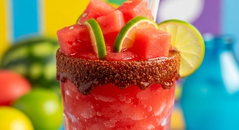 Vaso alto con chamoyada de sandía granizada, decorado con chamoy y chile en polvo en el borde, trozos de sandía y rodajas de limón. Fondo borroso de colores.