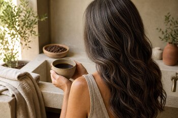 Una mujer de espaldas sostiene un tazón de cerámica con líquido oscuro frente a un lavabo de piedra con toallas y granos de café.