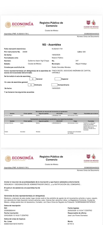 Acta de asamblea inscrita en el Registro Público de Comercio de la Ciudad de México, donde consta la renuncia de Andy López Beltrán como administrador único de Finca Rocío y el nombramiento de su hermano Gonzalo en su lugar. (Tomadas de X/Jorge García Orozco)