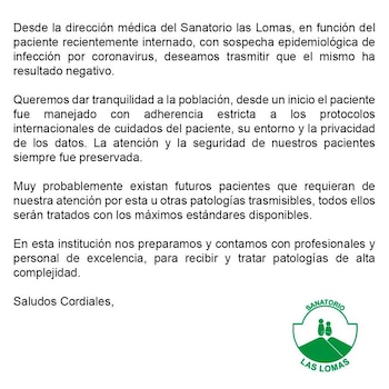 El comunicado de la clínica