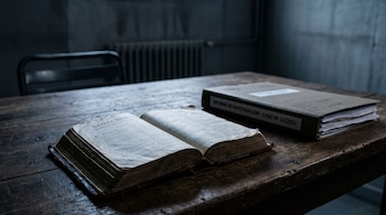 Una Biblia abierta y una carpeta etiquetada como informe de investigación sobre una mesa de madera en una habitación oscura.