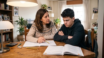 Una mujer y un joven están sentados junto a una mesa de madera con cuadernos de matemáticas, lápices y una calculadora.
