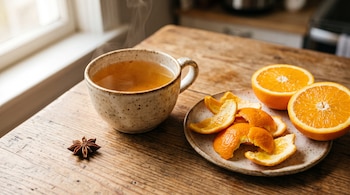 Taza de cerámica con infusión humeante, plato con cáscaras, dos mitades de naranja y un anís estrellado sobre una mesa de madera junto a la ventana.