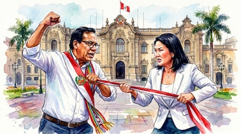 Ilustración en acuarela de Roberto Sánchez y Keiko Fujimori forcejeando una banda presidencial roja y blanca, con el Palacio de Gobierno de Perú al fondo.