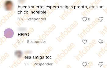 Vista de una interfaz de comentarios de redes sociales que muestra textos en español, como 'buena suerte' y 'HERO', junto a avatares borrosos
