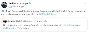 Los periodistas Gabriel Meluk y Guillermo Arango entregaron detalles sobre la posible incorporación de Candelo al club 'Embajador'. - crédito X