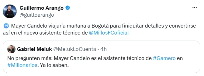 Los periodistas Gabriel Meluk y Guillermo Arango entregaron detalles sobre la posible incorporación de Candelo al club 'Embajador'. - crédito X