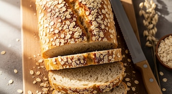 Pan de avena cortado en rebanadas sobre una tabla de madera, con un cuchillo dentado y granos de avena esparcidos. Se ven también tallos de avena al fondo.
