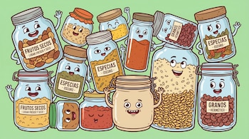 Caricaturas de numerosos frascos de vidrio y cerámica con tapas, sonriendo y conteniendo alimentos como frutos secos, especias y granos, sobre fondo verde.