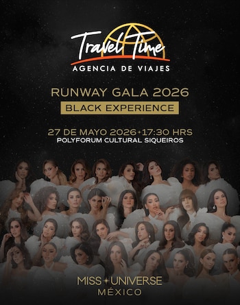 Poster oscuro con texto "Travel Time" y "Runway Gala 2026". Abajo, un collage de veinticinco mujeres, candidatas de "Miss Universe México", sobre un fondo nebuloso blanco