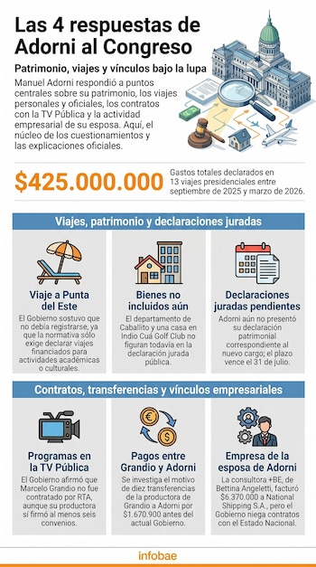 Infografía con un dibujo del Congreso, lupa, documentos, dinero, mazo de juez, casa y avión. Abajo, seis recuadros con iconos y texto sobre Adorni.