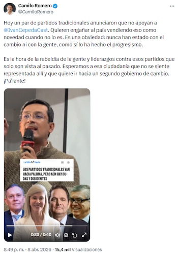 Camilo Romero señaló distancia entre partidos históricos y fuerzas progresistas tras rechazo a Iván Cepeda - crédito @CamiloRomero/X